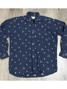 Vintage 80s Gap Hunter and Dog Pattern Button Down Shirt Blue Mens Large